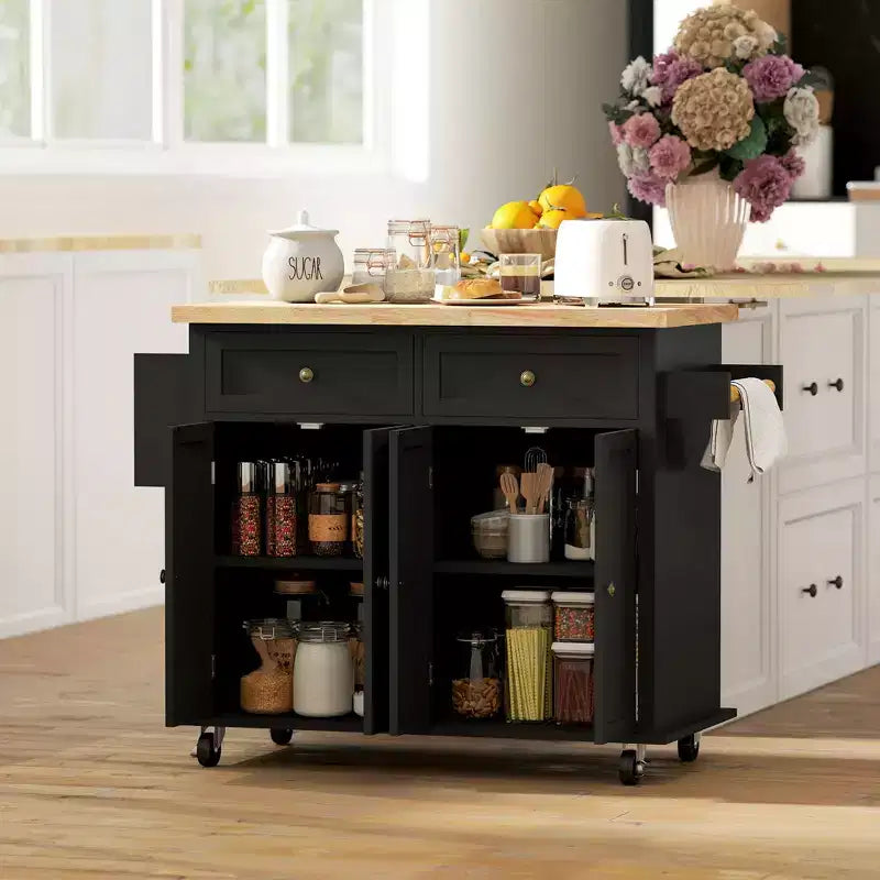 Carrello/Isola da Cucina con Ruote Nero/Marrone Quercia/Grigio/Bianco con Piano in Legno di Gomma, Cassetti e Porta Spezie
