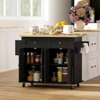Carrello/Isola da Cucina con Ruote Nero/Marrone Quercia/Grigio/Bianco con Piano in Legno di Gomma, Cassetti e Porta Spezie