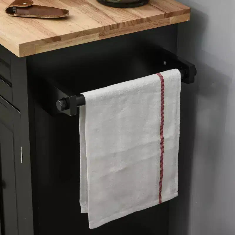 Carrello/Isola da Cucina con Ruote Nero/Marrone Quercia/Grigio/Bianco con Piano in Legno di Gomma, Cassetti e Porta Spezie