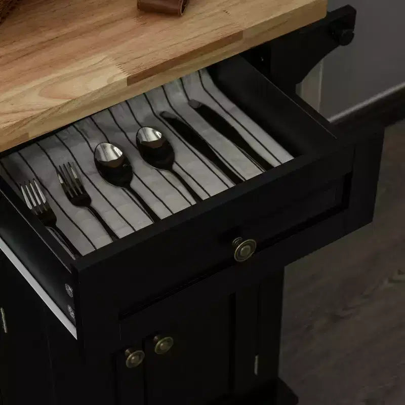 Carrello/Isola da Cucina con Ruote Nero/Marrone Quercia/Grigio/Bianco con Piano in Legno di Gomma, Cassetti e Porta Spezie