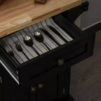 Carrello/Isola da Cucina con Ruote Nero/Marrone Quercia/Grigio/Bianco con Piano in Legno di Gomma, Cassetti e Porta Spezie