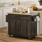 Carrello/Isola da Cucina con Ruote Nero/Marrone Quercia/Grigio/Bianco con Piano in Legno di Gomma, Cassetti e Porta Spezie
