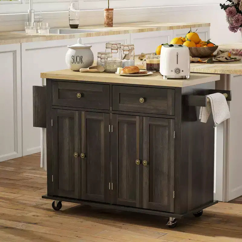 Carrello/Isola da Cucina con Ruote Nero/Marrone Quercia/Grigio/Bianco con Piano in Legno di Gomma, Cassetti e Porta Spezie