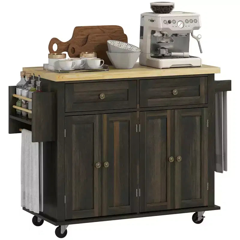 Carrello/Isola da Cucina con Ruote Nero/Marrone Quercia/Grigio/Bianco con Piano in Legno di Gomma, Cassetti e Porta Spezie