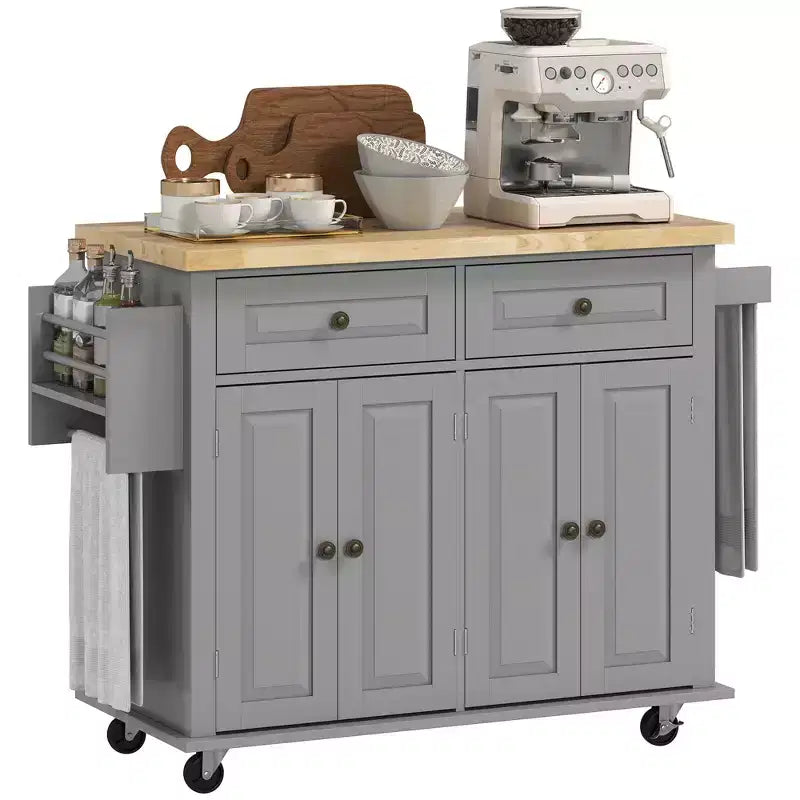 Carrello/Isola da Cucina con Ruote Nero/Marrone Quercia/Grigio/Bianco con Piano in Legno di Gomma, Cassetti e Porta Spezie
