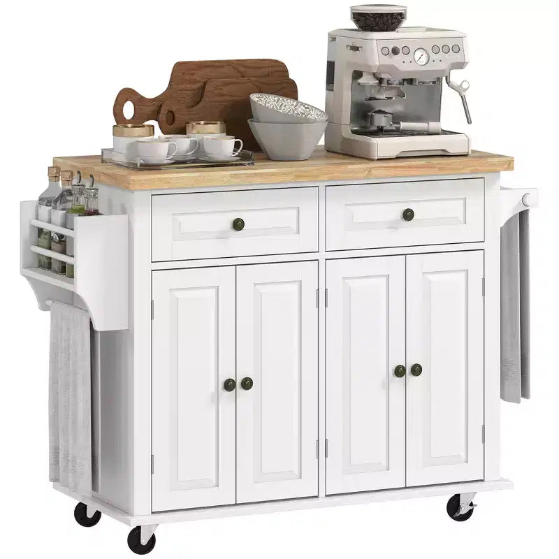 Carrello/Isola da Cucina con Ruote Nero/Marrone Quercia/Grigio/Bianco con Piano in Legno di Gomma, Cassetti e Porta Spezie