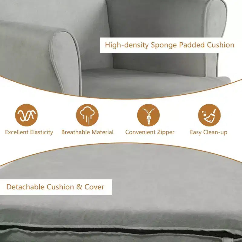 Set poltrona a dondolo e pouf, marrone/grigio/rosa, imbottito, 1 posto