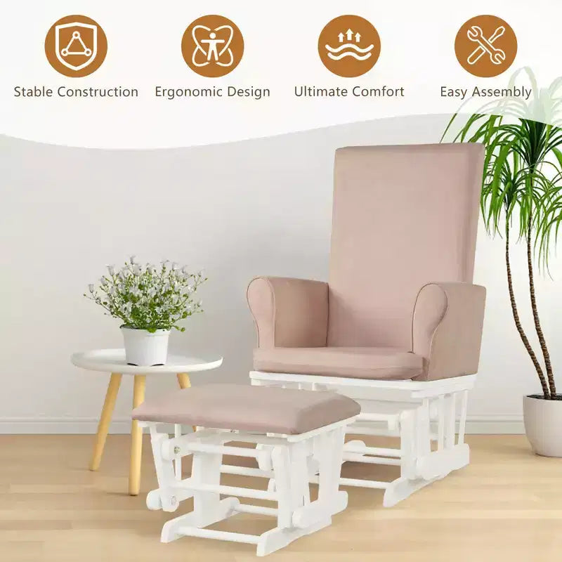 Set poltrona a dondolo e pouf, marrone/grigio/rosa, imbottito, 1 posto