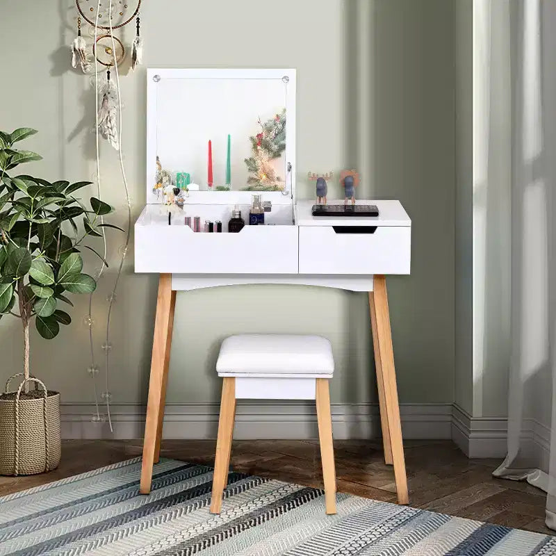 Scrivania bianca da trucco e sgabello imbottito con specchio ribaltabile, 1 cassetto, set da 2 pezzi