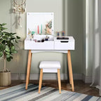 Scrivania bianca da trucco e sgabello imbottito con specchio ribaltabile, 1 cassetto, set da 2 pezzi